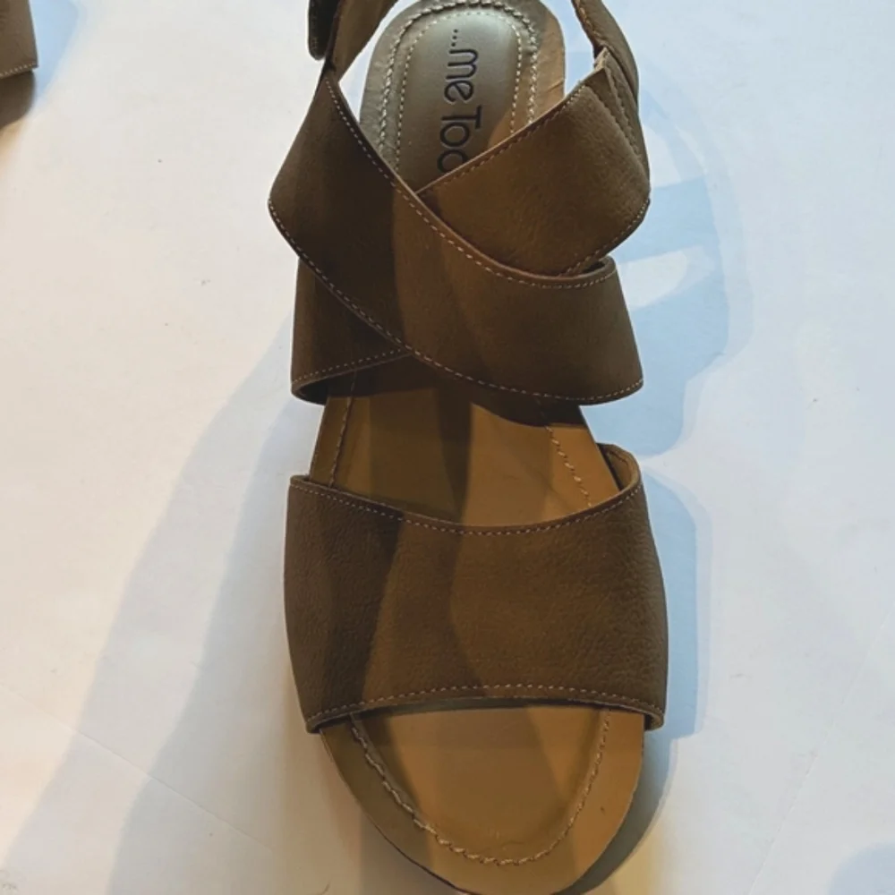 Me Too, camel color wedge sandals. Sz 9.5